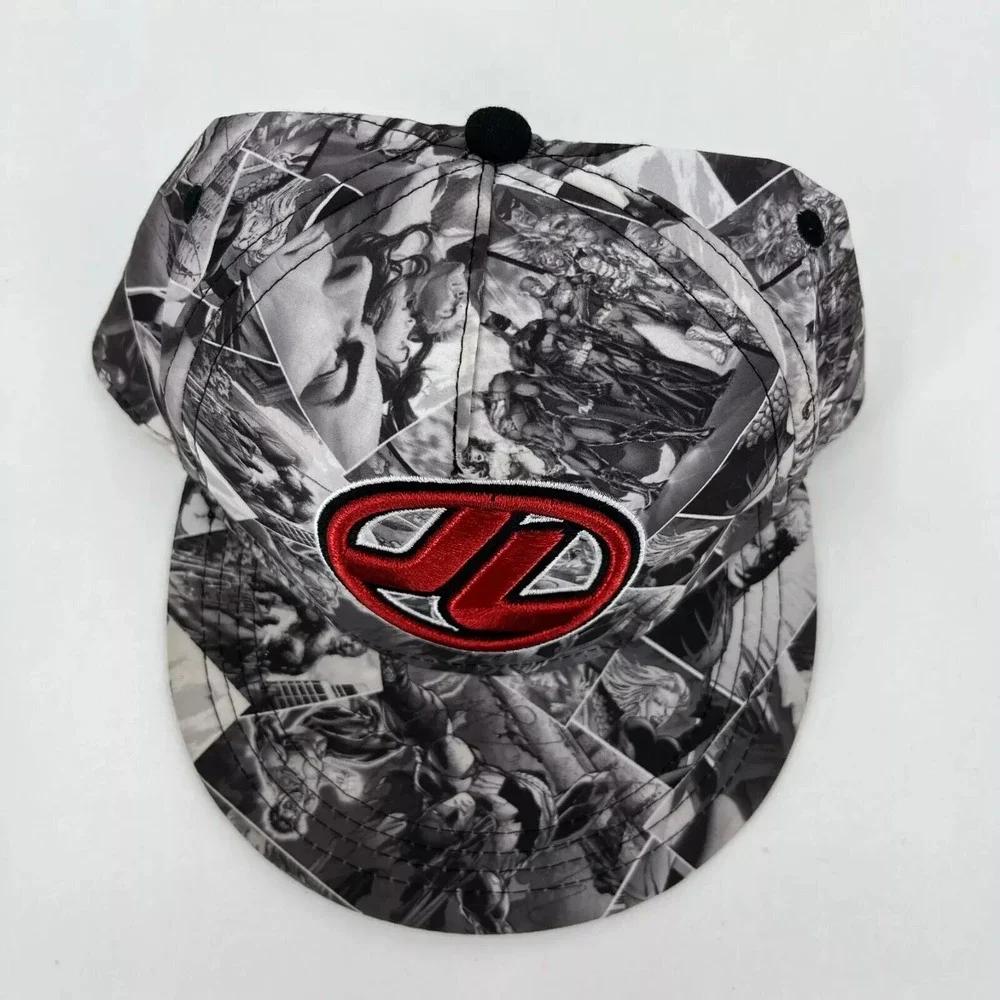 Kids Justice League Comic Print Snapback Hat Black White Red Logo DC Comics Cap